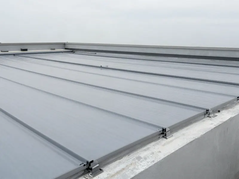 Flat commercial rooftop with a grey membrane roofing system