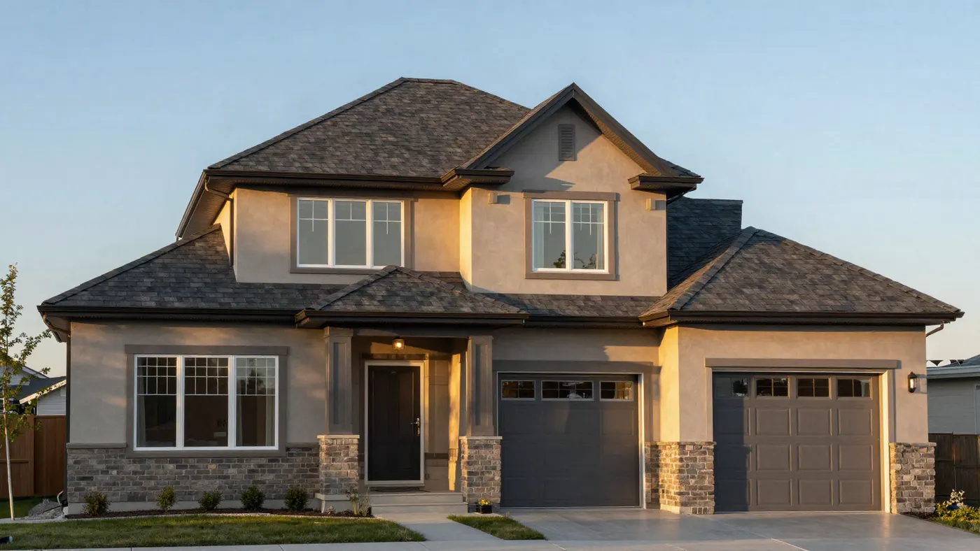 Edmonton home with a quality asphalt shingle roof at dusk