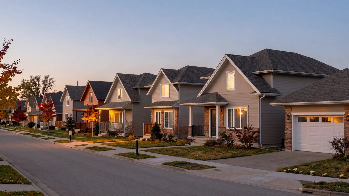 Edmonton residential street at dusk with houses featuring quality roofs
