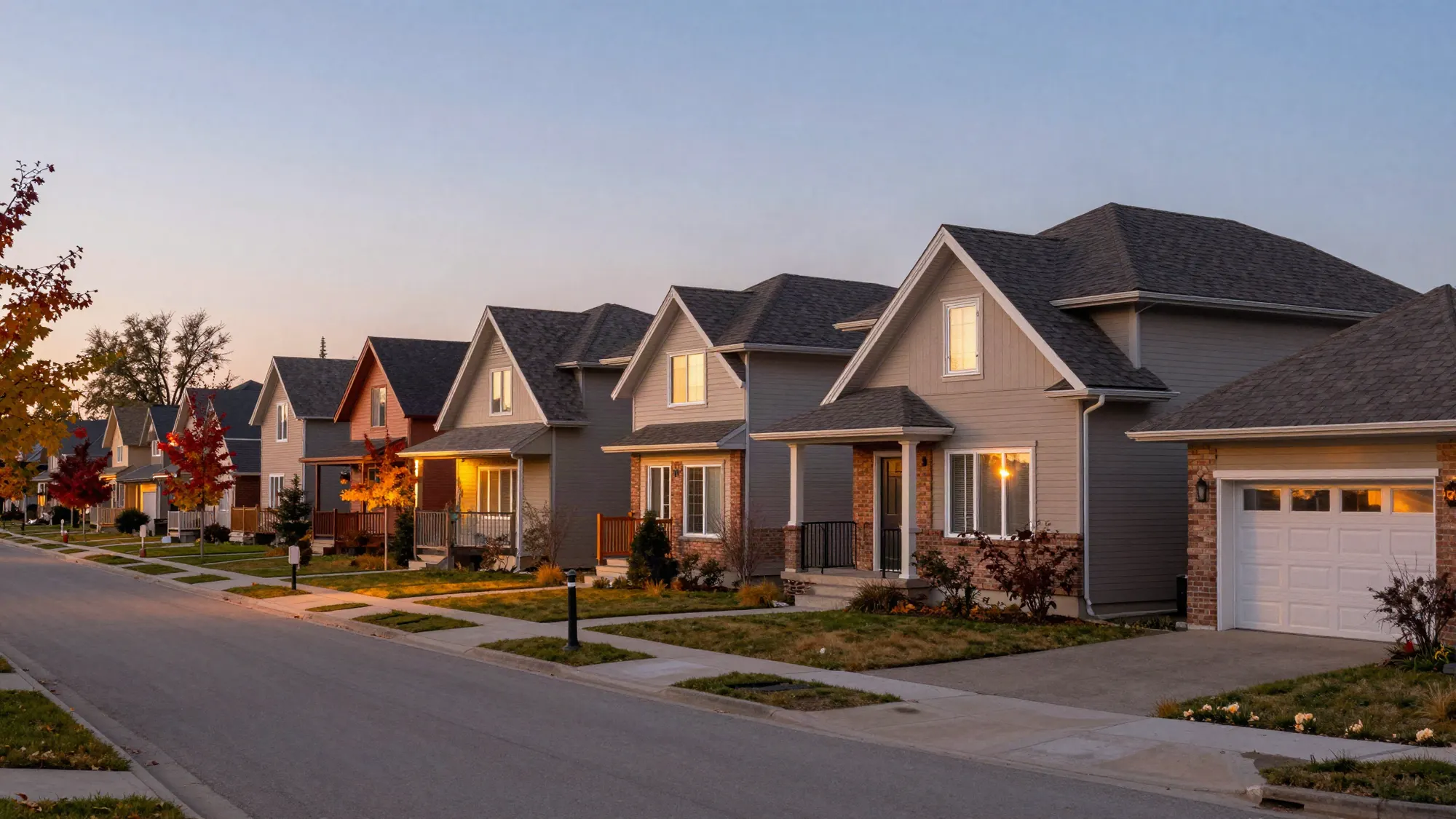 Edmonton residential street at dusk lined with houses with quality asphalt shingle roofs