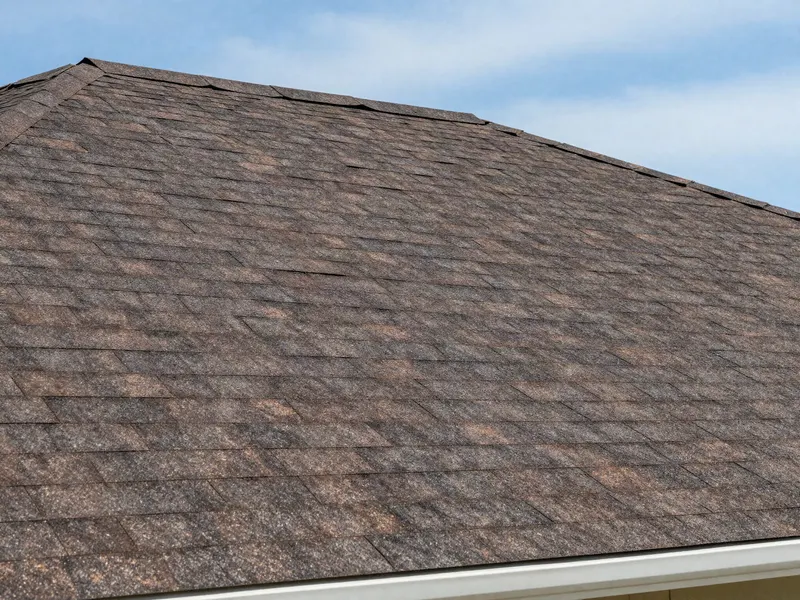 Close view of dark brown dimensional asphalt shingles on a residential roof