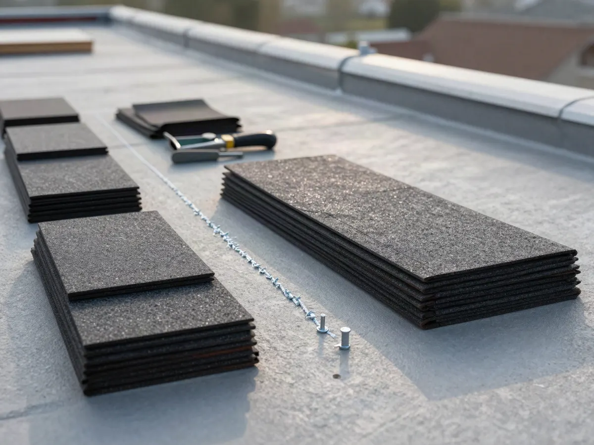 Roofing materials and tools staged on a rooftop, including shingle bundles and hand tools