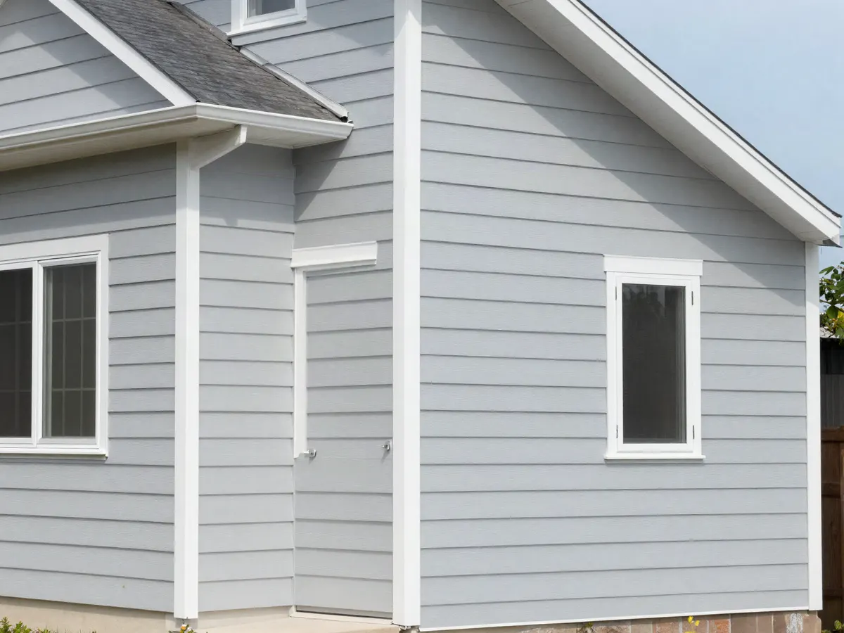 House exterior with light grey siding and white trim