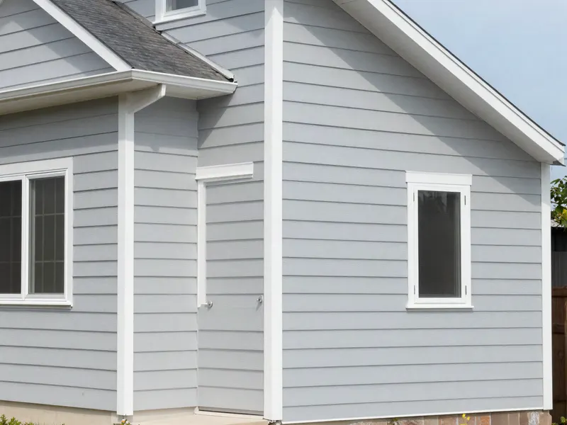 Modern house exterior with light grey siding and white trim